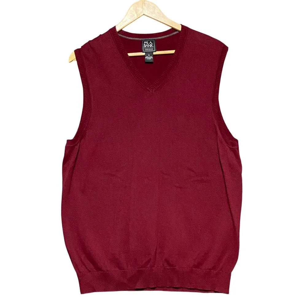 Jos A‎ Bank Traveler Mens XL Burgundy 100% Pima Cotton V-Neck Sweater Vest